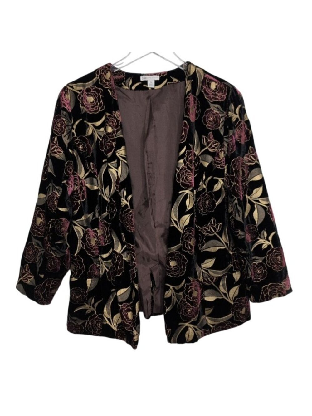 Cato Velvet Floral Blazer Womens Size 14 Black Evening Lined Open Front Jacket